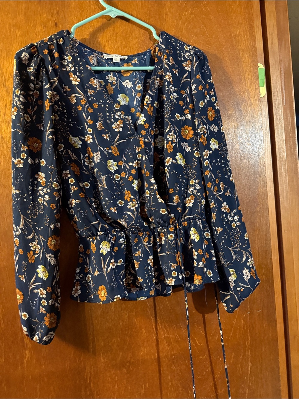 nine britton Navy Floral Wrap Blouse with Rust and Cream Accents